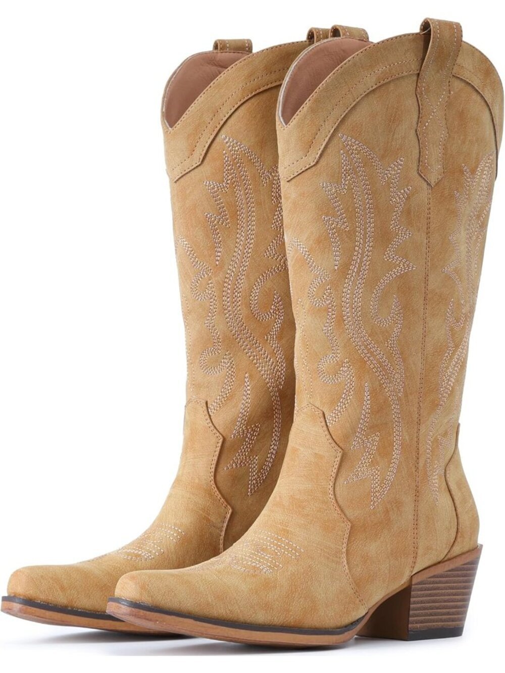 Women’s Brown Slip-On Western Cowboy Mid-Calf Snip Toe Chunky Heel Low Instep